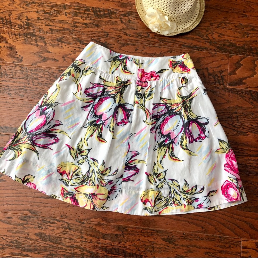 CAbi White Floral A-Line Skirt with Pink and Yellow Accents
